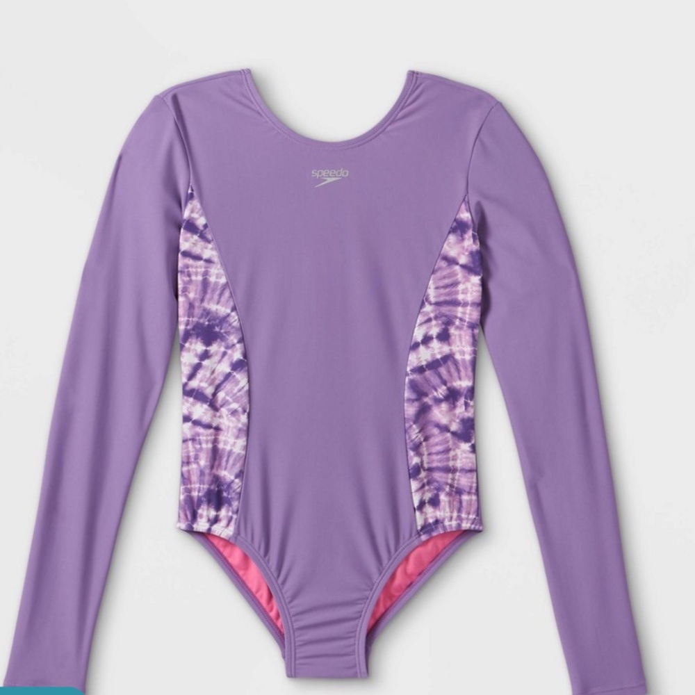 Speedo Girls' Splice Print Tie-Dye Long Sleeve One Piece Rash Guard